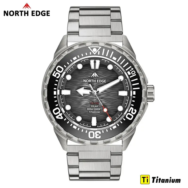 North Edge Triton-TI titanium diving watch, black dial, stainless steel bracelet, 300m water resistant, solar-powered