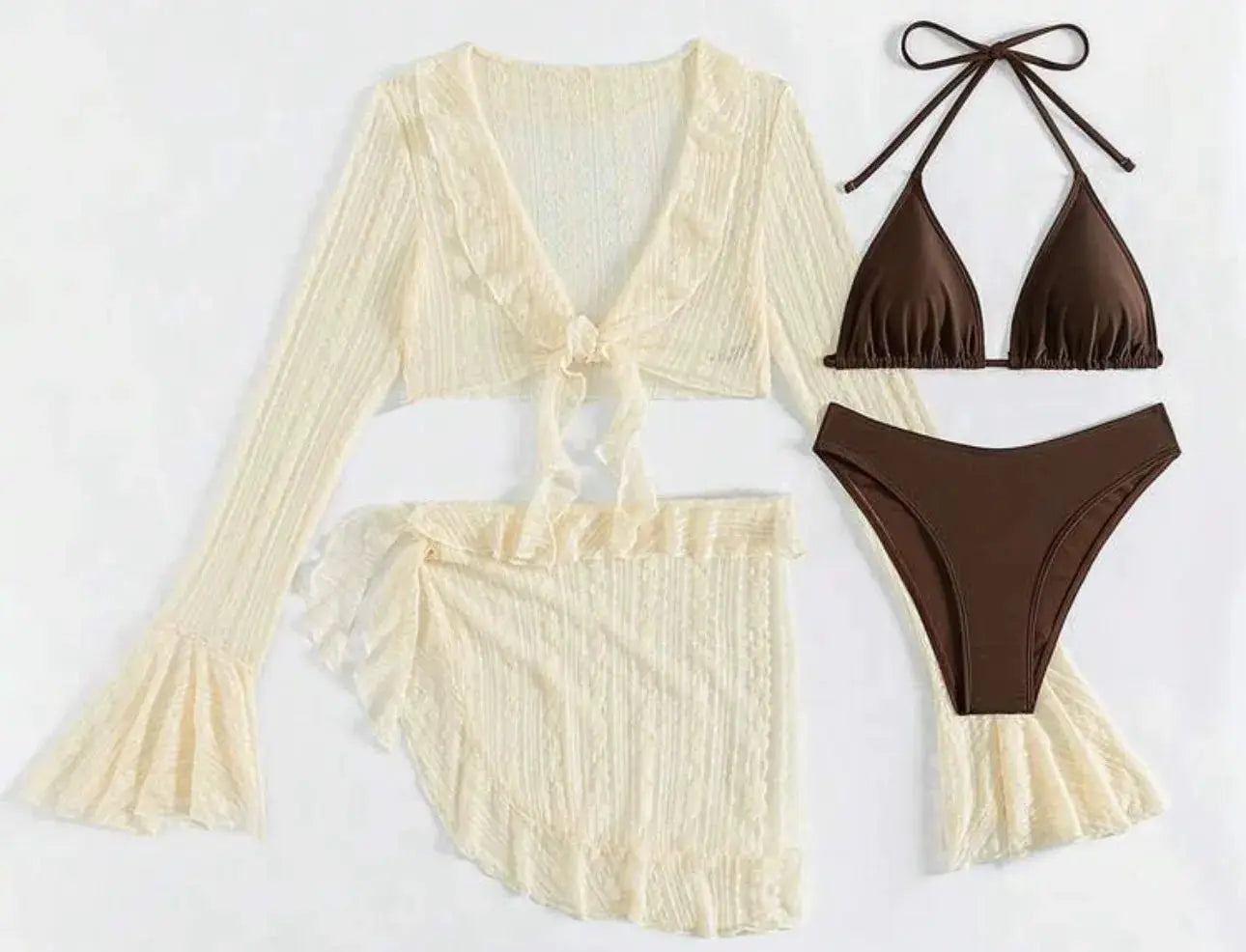 2026 Four Piece Women Swimsuit With Long Sleeve Cover Up Solid Bikini Set For Brazilian Beachwear Summer Parties
