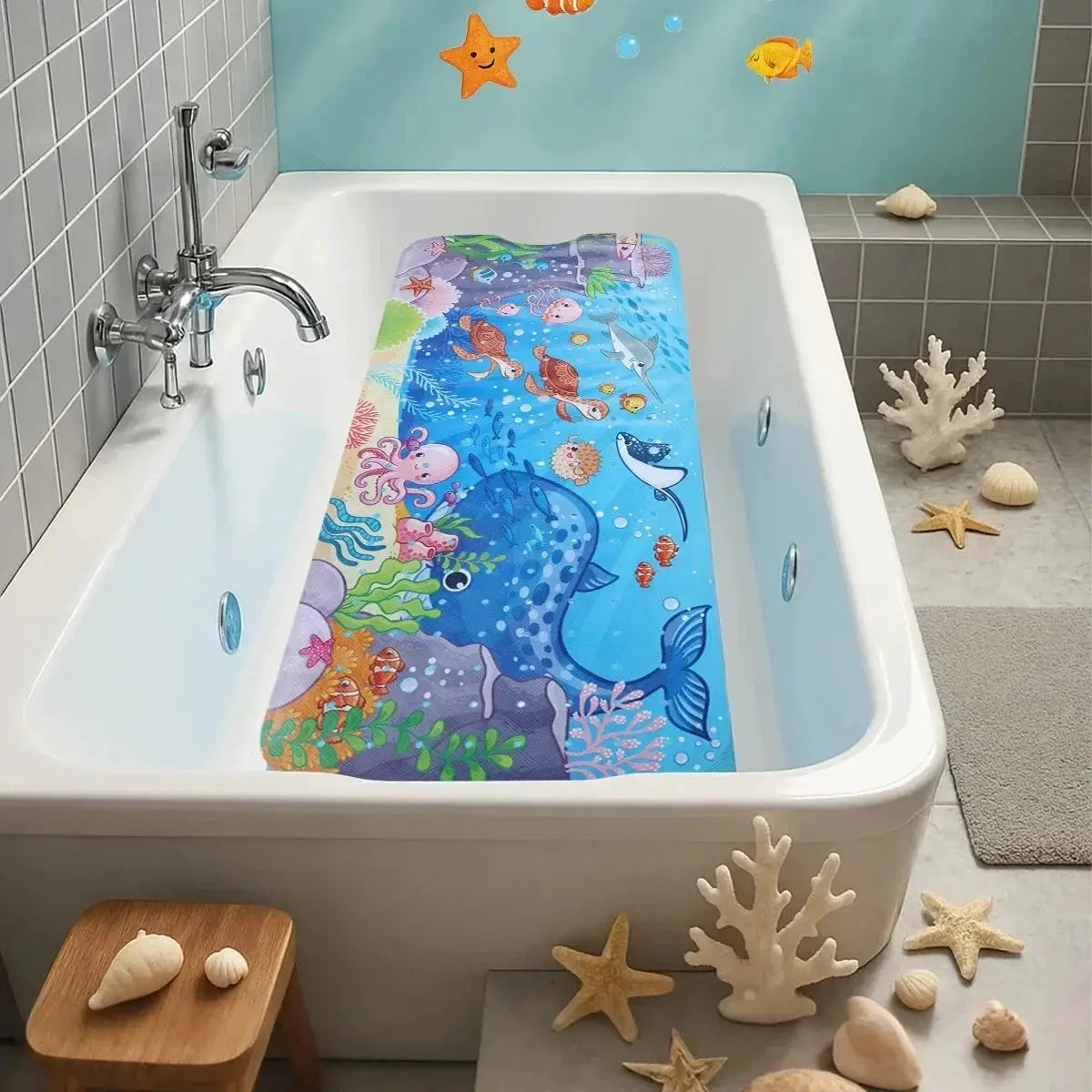Cartoon extra-long bathtub mat 40x100cm with blue underwater design, non-slip with suction cups