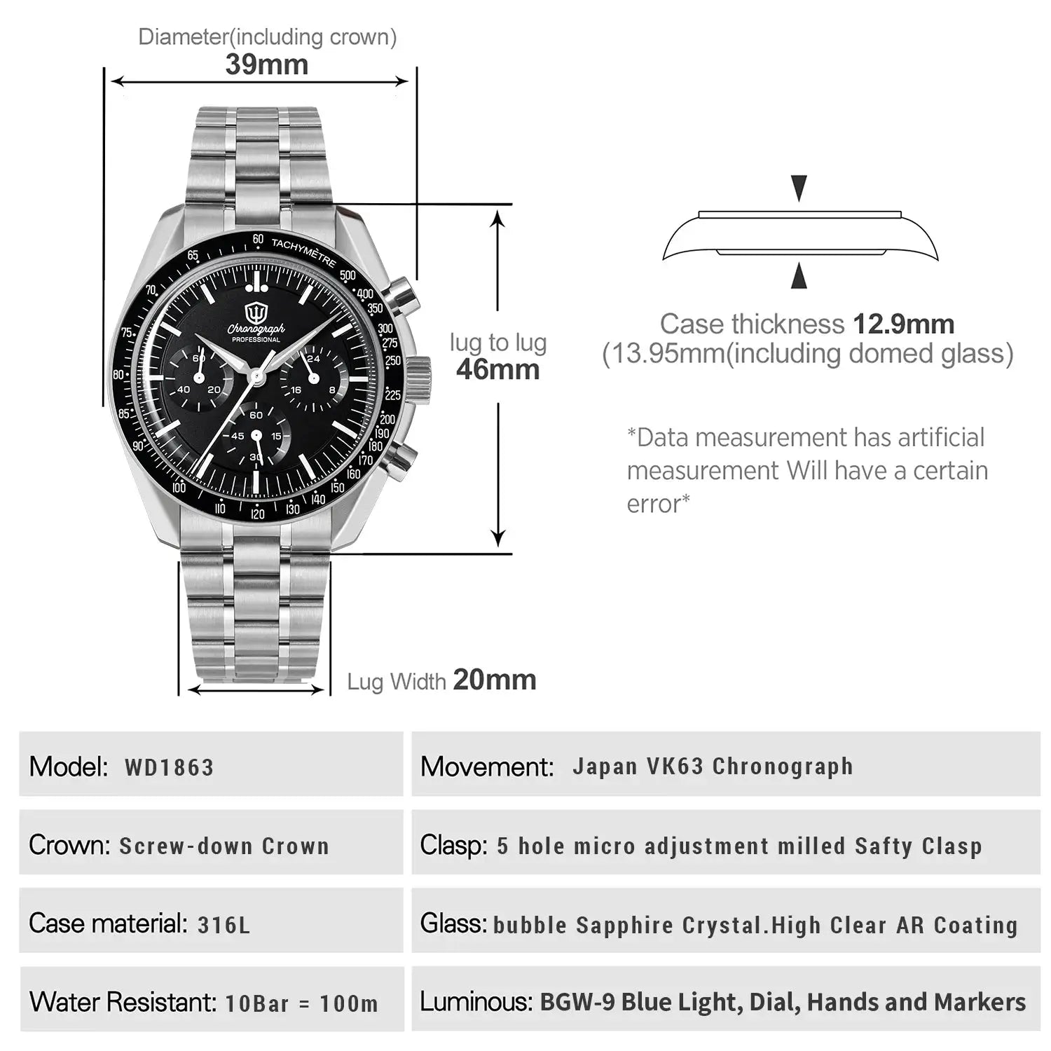 Watchdives WD1863 stainless steel chronograph watch with black dial, bubble sapphire crystal, 39mm case