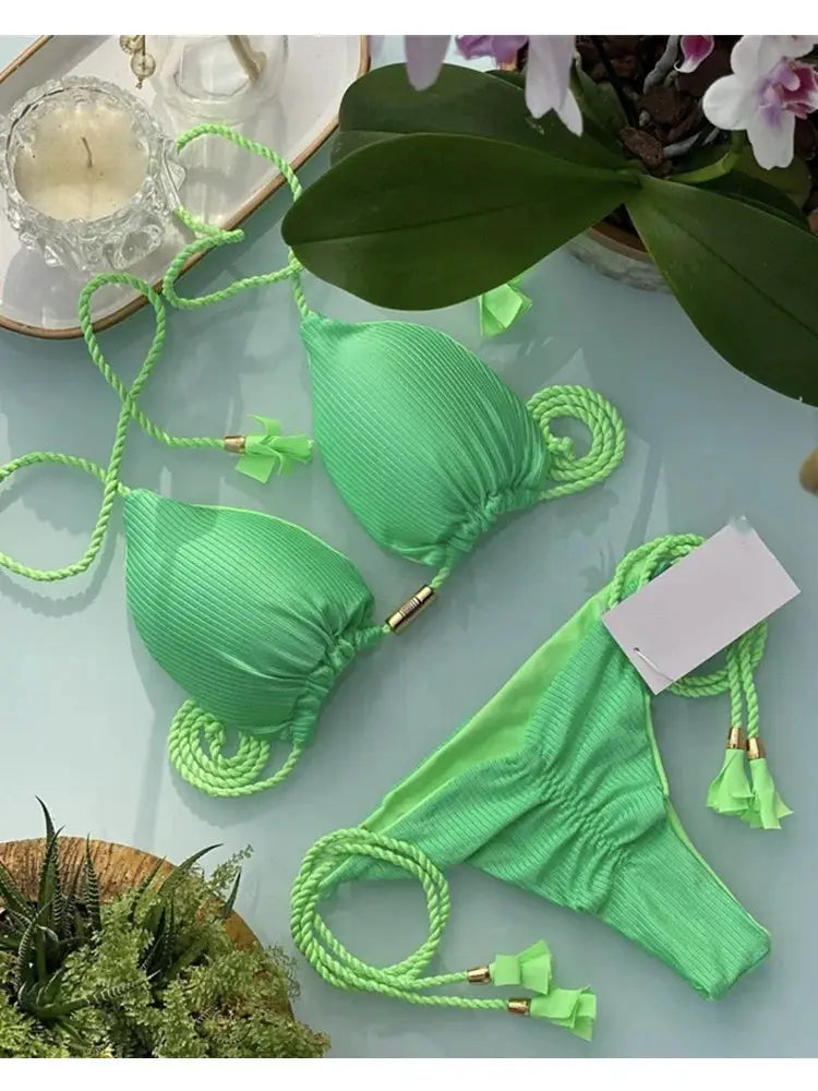 Bikini for women: neon green backless triangle with rope straps and tassel ends.