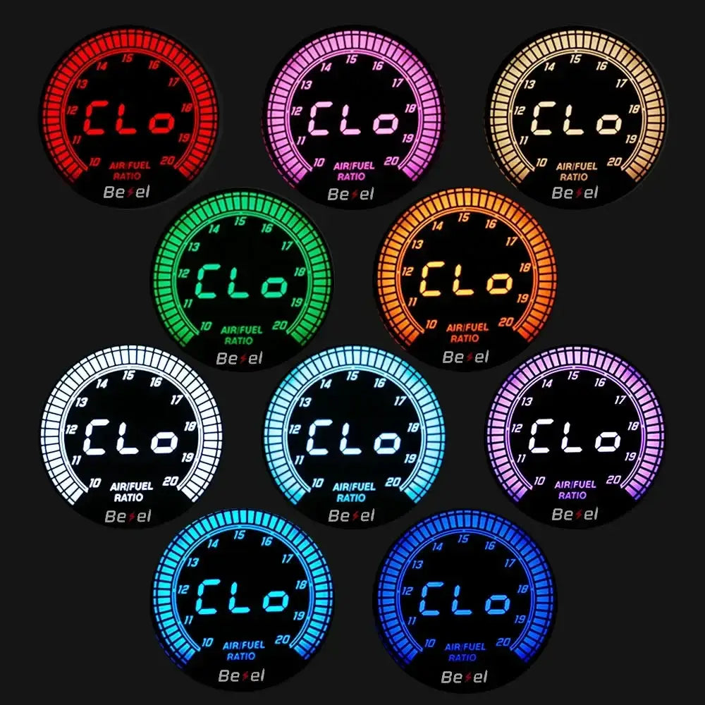 52mm car gauge set in 10 colors featuring water temp, oil temp, volt, tachometer, EGT, air-fuel ratio, oil pressure