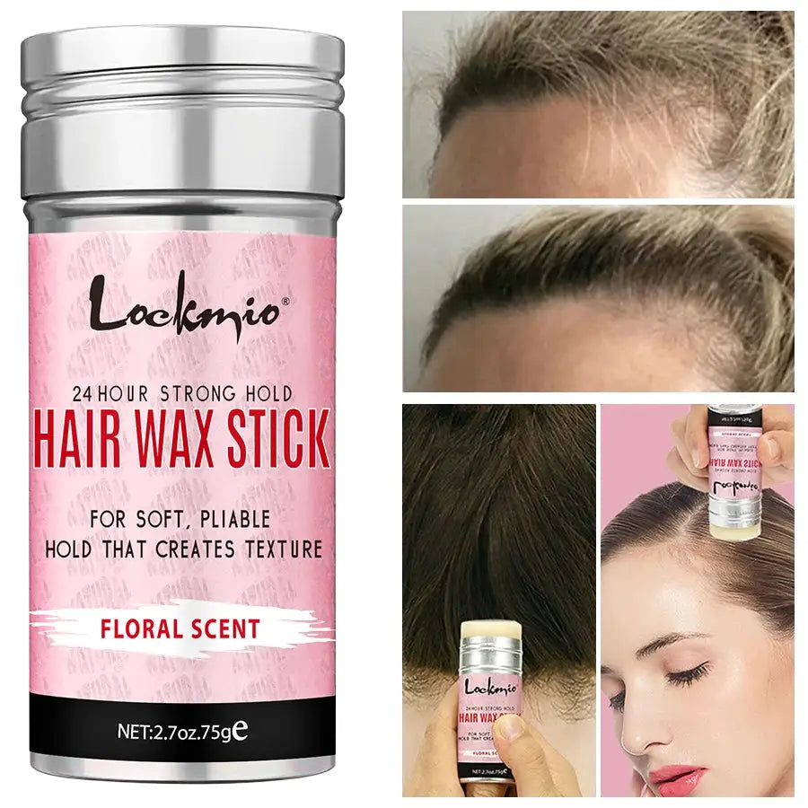 Hair wax stick with pink floral label, 24-hour strong hold for soft, pliable texture