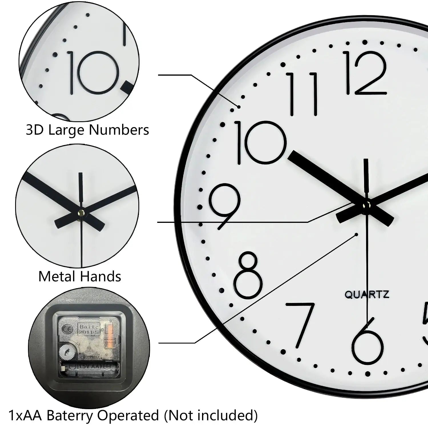 Modern minimalist wall clock with white dial, 3D large numbers, black metal hands, tempered glass