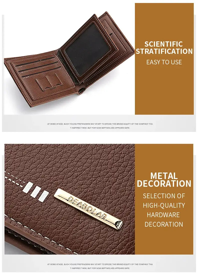 Men's lychee-pattern leather wallet by Simples Market with card slots, ID window, and zip coin purse