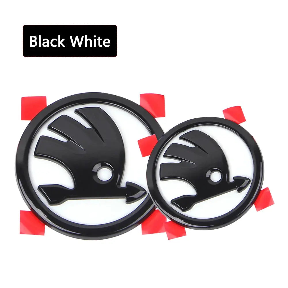 Skoda emblem badges set, black circular logos with white background, 80mm & 90mm, 2 pcs