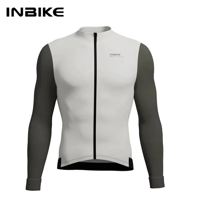 INBIKE winter cycling jersey for men, long sleeve with full zipper, white torso and dark gray sleeves