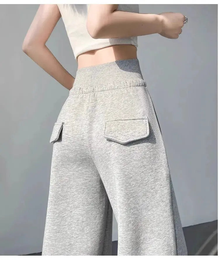 BrandFlex Womens Gray Sports High Waist Wide Leg Pants All Season Comfort Breathable Cotton Polyester Blend