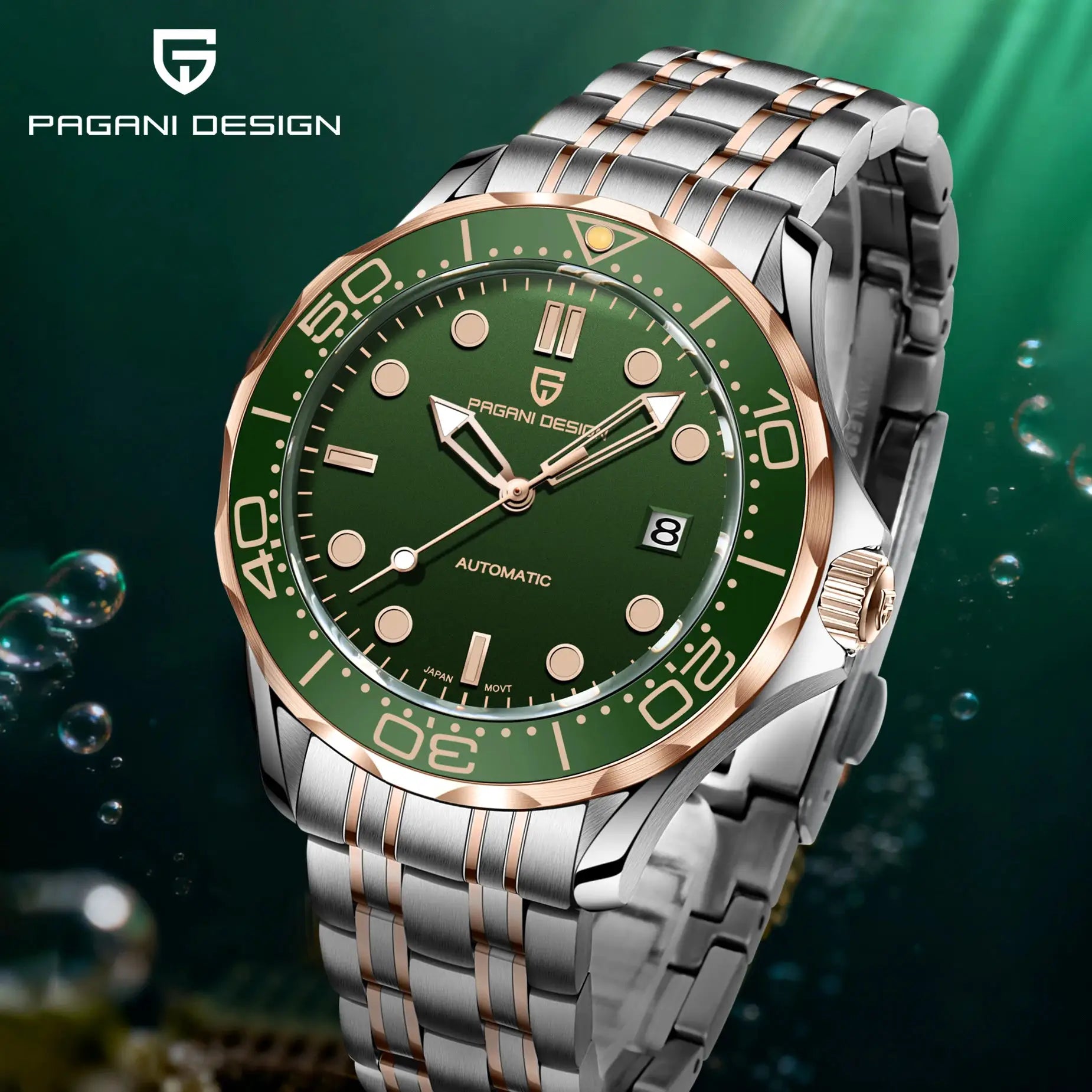 Pagani Design men's automatic watch with green dial, rose-gold bezel, two-tone bracelet