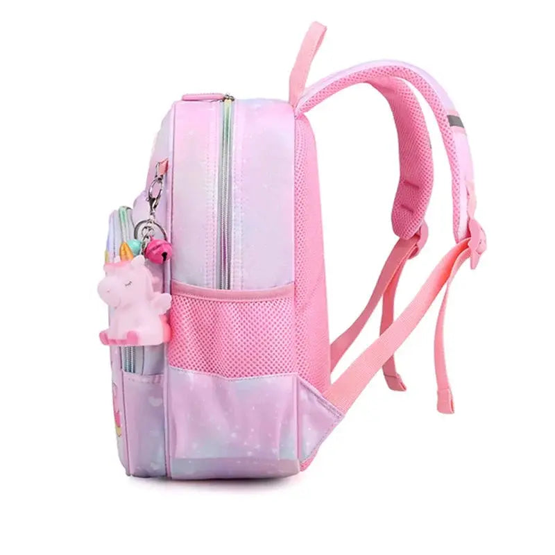 Unicorn backpack for girls in pink and purple with unicorn charm and mesh side pocket