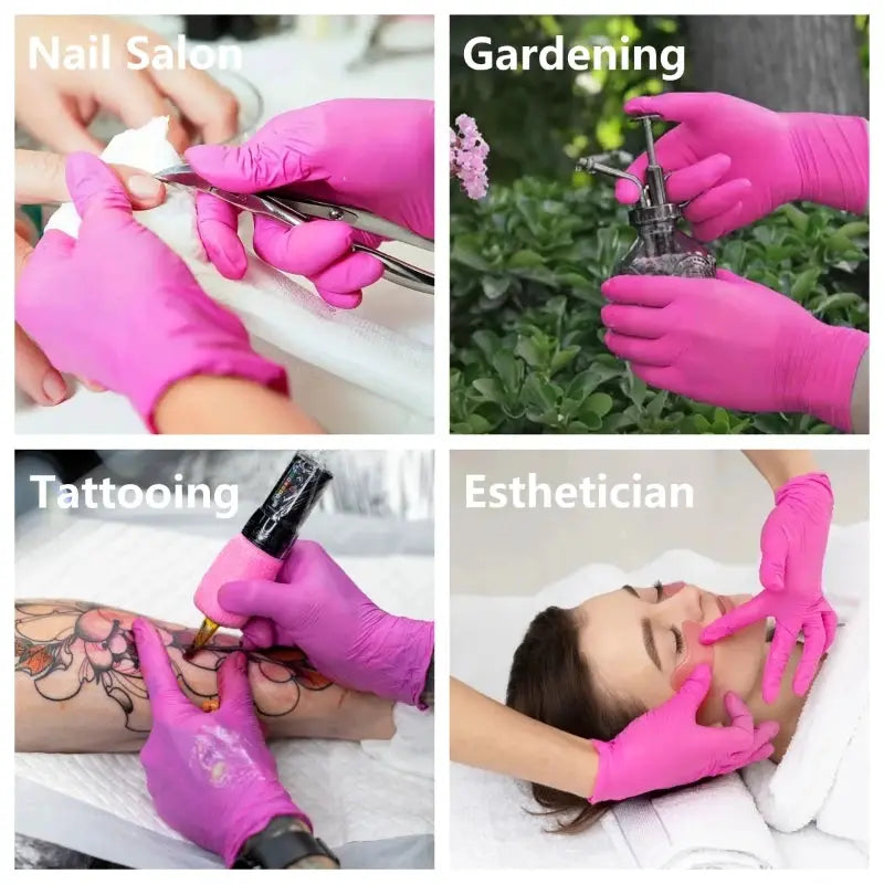 Fuchsia nitrile disposable gloves by Simples Market; used for nail salon, gardening, tattooing, and esthetician care.