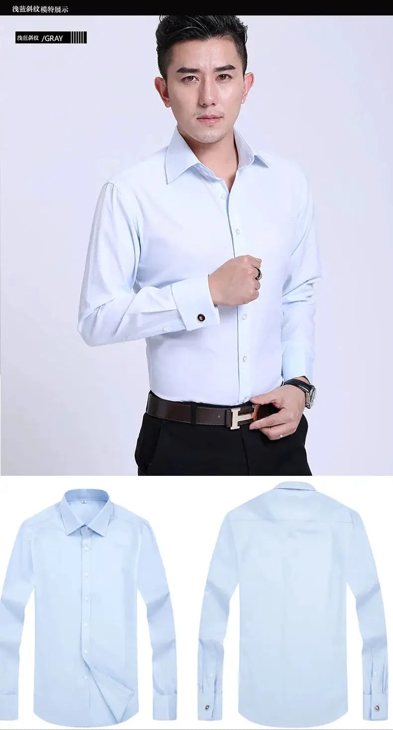 Men's slim-fit light-blue dress shirt with French cuffs; solid color long sleeves.