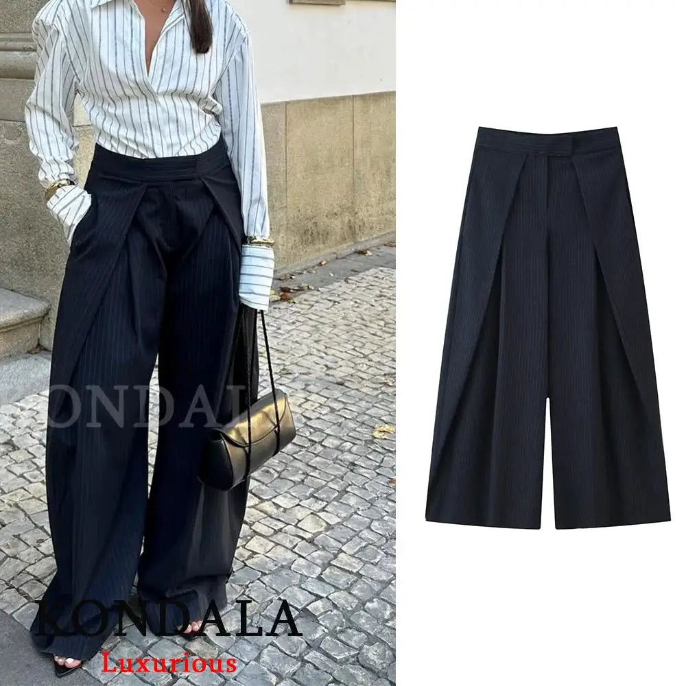 KONDALA Casual Chic Wide Leg Pants For Women High Waist Pleated Trousers With Pockets Office Lady