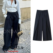 KONDALA Casual Chic Wide Leg Pants For Women High Waist Pleated Trousers With Pockets Office Lady