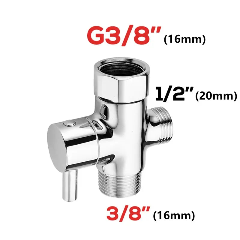 Chrome bidet T adapter with shut-off valve; 3-way fittings for handheld toilet spray (7/8, 1/2, 3/4, 3/8)