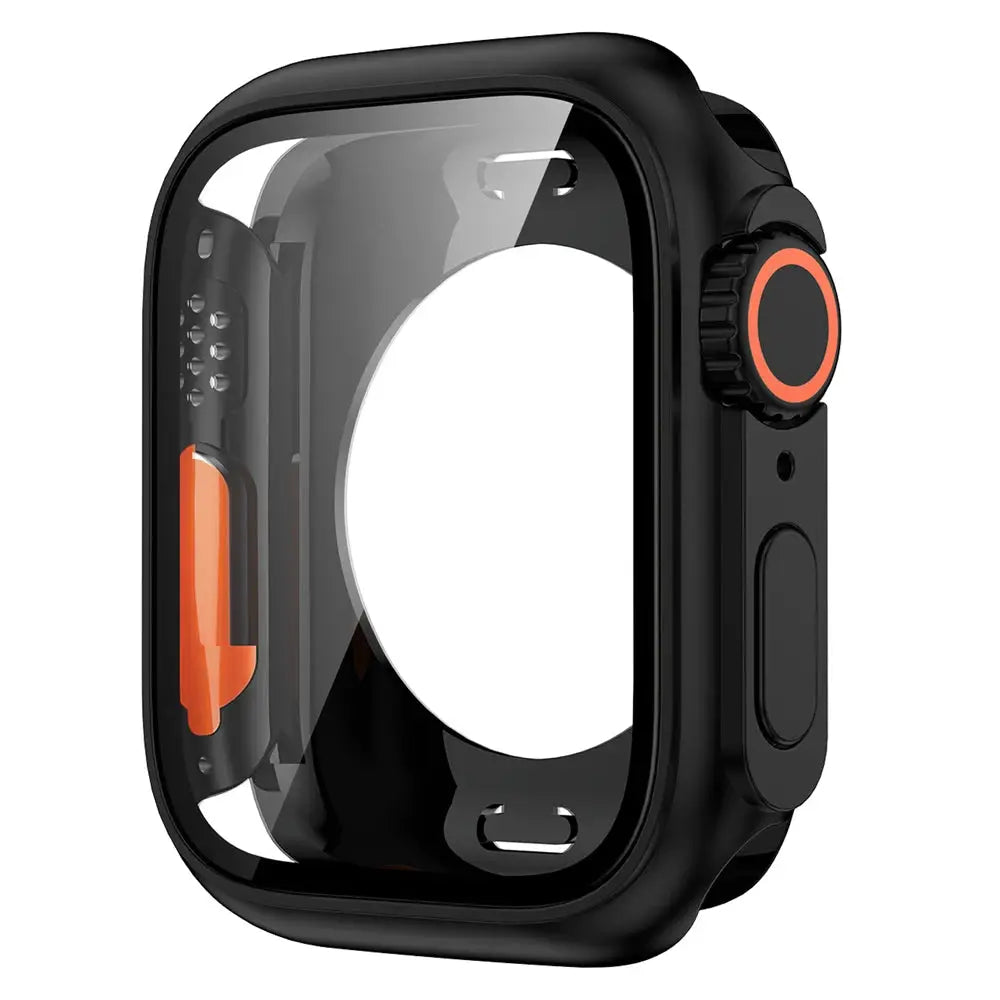 Simples Market Apple Watch bumper case with hard PC front/rear, orange crown ring, black frame.