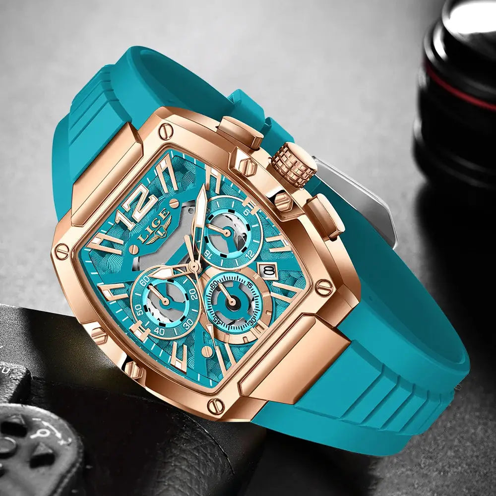 LIGE men's quartz chronograph watch with teal silicone strap and rose-gold case