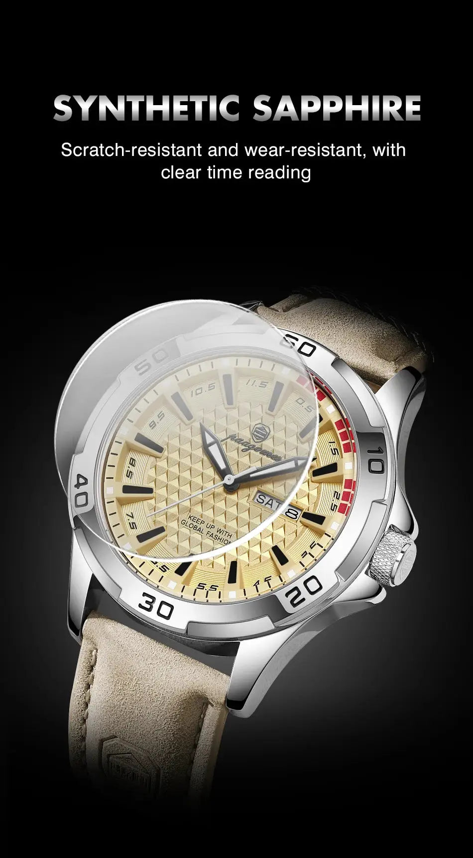 PAAZOMU luxury men's wristwatch with stainless steel case, beige dial and tan leather strap