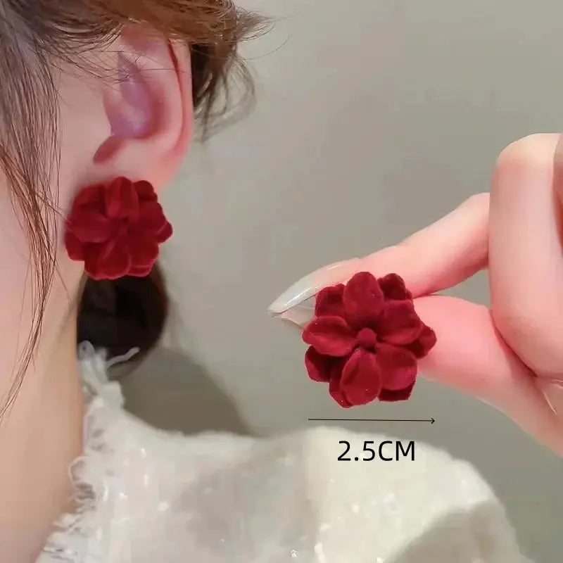 Simples Market red velvet camellia flower stud earrings for women, 2.5 cm
