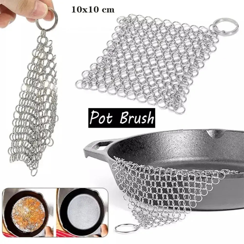 Simples Market stainless steel chain mail pot scrubber, 10x10 cm, for cookware and cast-iron pans.