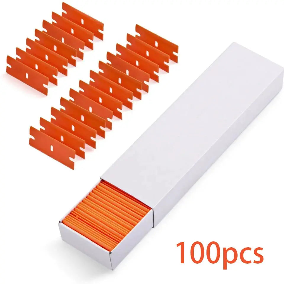 Simples Market 100-pack orange plastic razor blades for label removal and window glass scraping