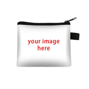 Coin purse with white body, black zipper, and side strap; customizable with your logo or image