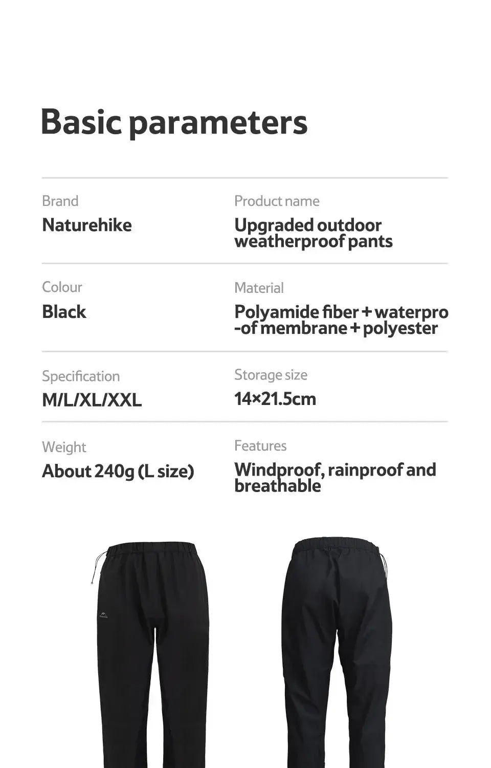 Naturehike black rainproof pants, ultralight outdoor hiking pants, two pairs shown