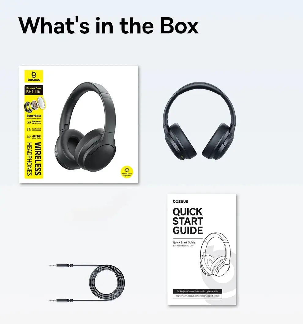 Baseus wireless over-ear headphones, black, foldable; 4-piece set with box, headphones, cable, quick-start guide.