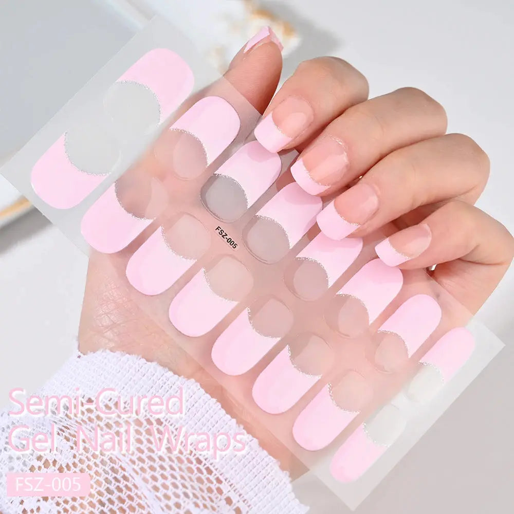 Simples Market pink French nail wrap stickers with silver glitter edge FSZ-005, full-cover gel decals