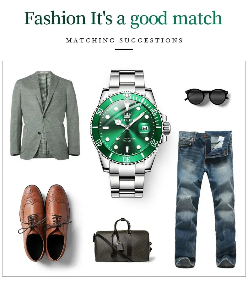 OLEVS men's quartz diving watch with green bezel and steel bracelet; part of a 6-item outfit.