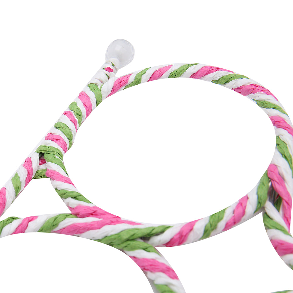 Scarf holder organizer with pink, green, and white braided rattan weave