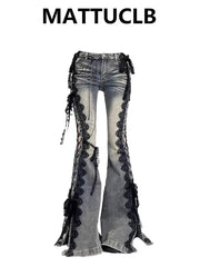Women Dark Academia Goblin Core Y2K Lace Denim Flare Jeans Bell Bottom