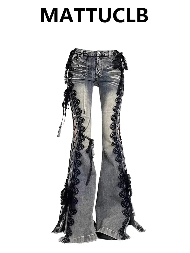 Women Dark Academia Goblin Core Y2K Lace Denim Flare Jeans Bell Bottom