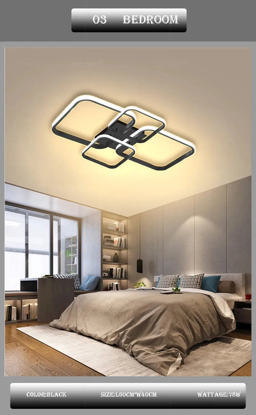 Simples Market modern LED ceiling light, square four-head fixture in black and white for bedroom