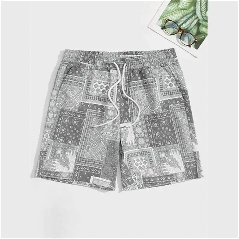 Trend Bandana Graphic Beach Shorts for men, grey/white bandana print swim trunks with drawstring