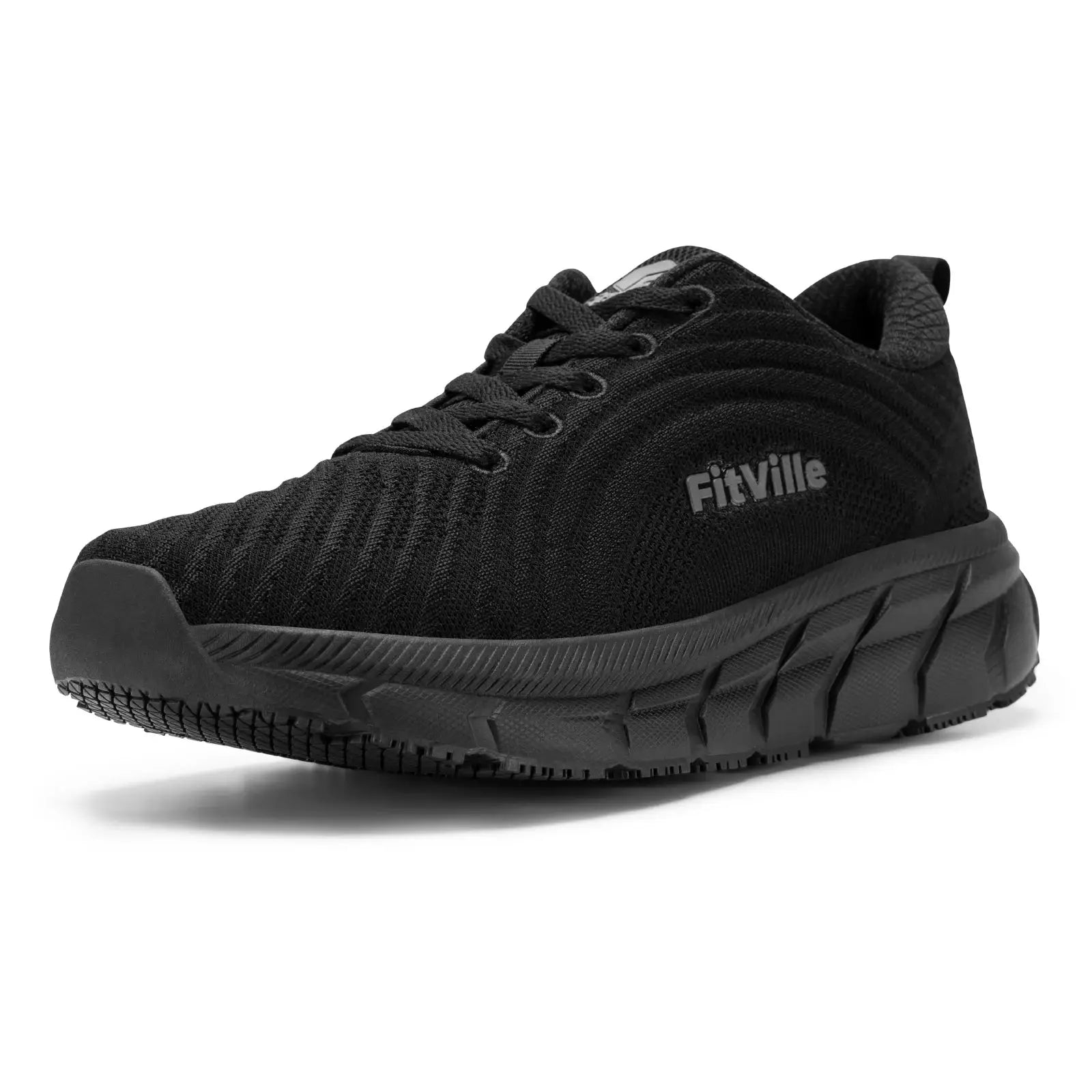 FitVille men's wide toe box running shoe in black with breathable mesh upper and cushioned sole.
