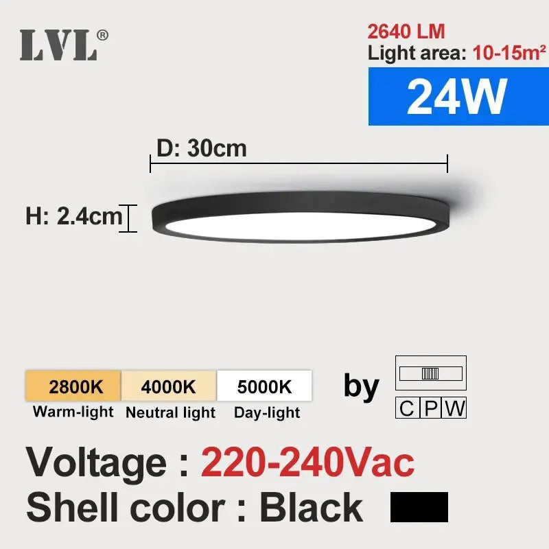 LVL LED ceiling light by Simples Market, black round flush mount, 30 cm diameter, 2.4 cm high, 24W, 2640 lm.