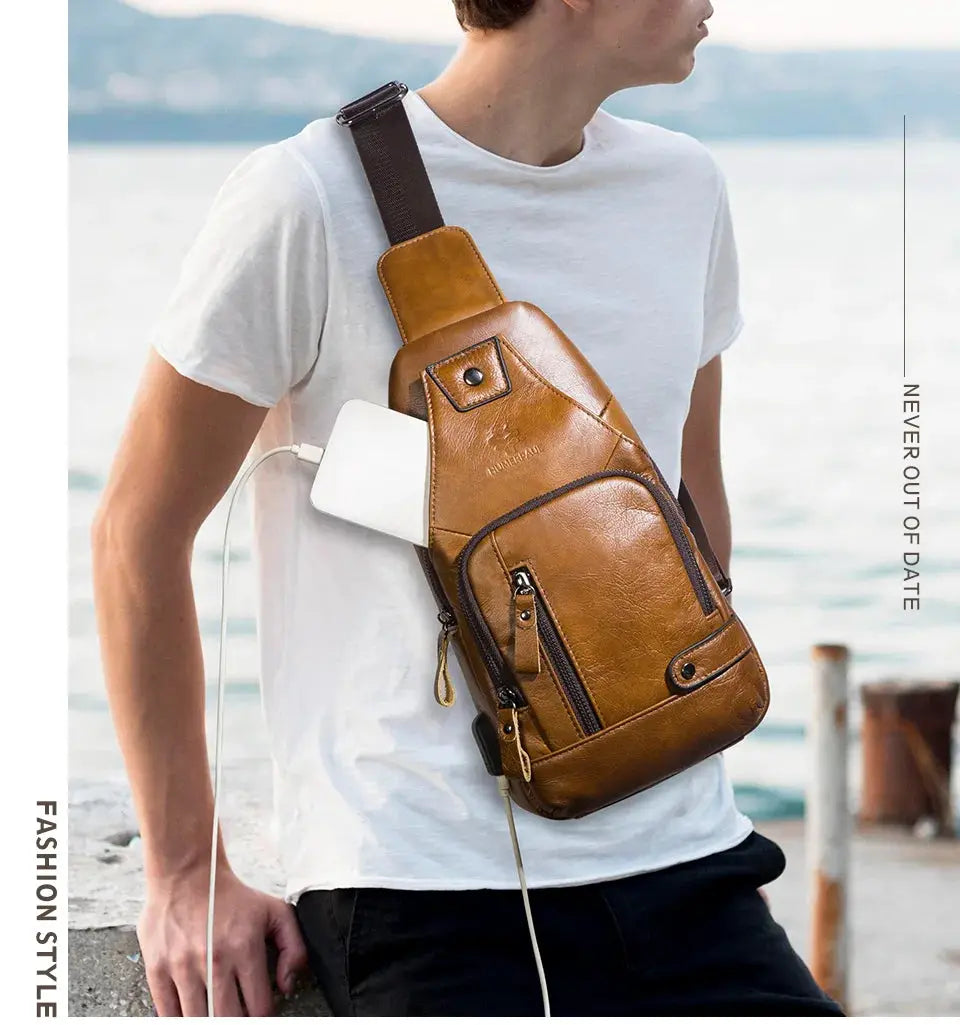 HUMERPAUL brown genuine leather chest bag for men, crossbody with USB pocket and zip compartments.
