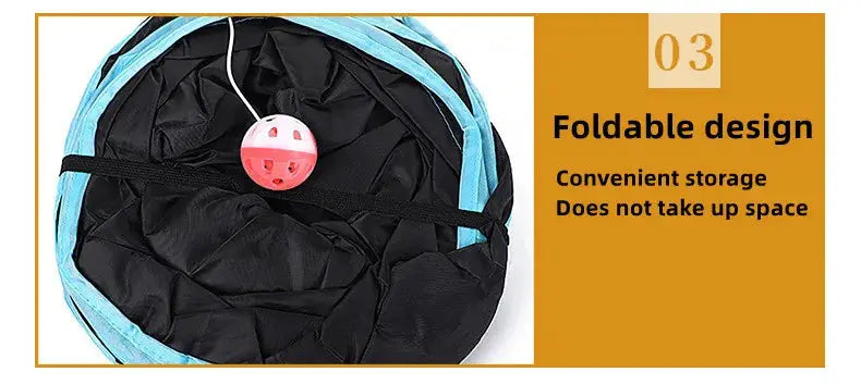 Simples Market foldable cat tunnel, blue exterior with black interior and pink hanging ball toy for indoor use
