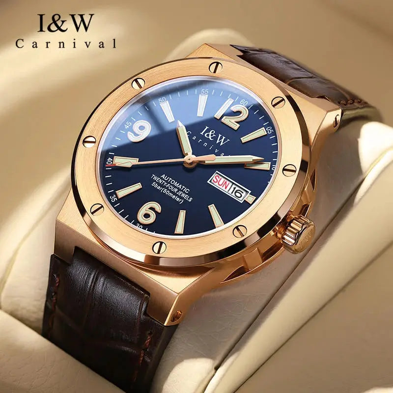 IW Carnival luxury sapphire mechanical watch with rose-gold case, blue dial, brown leather strap, 50m water resistant.