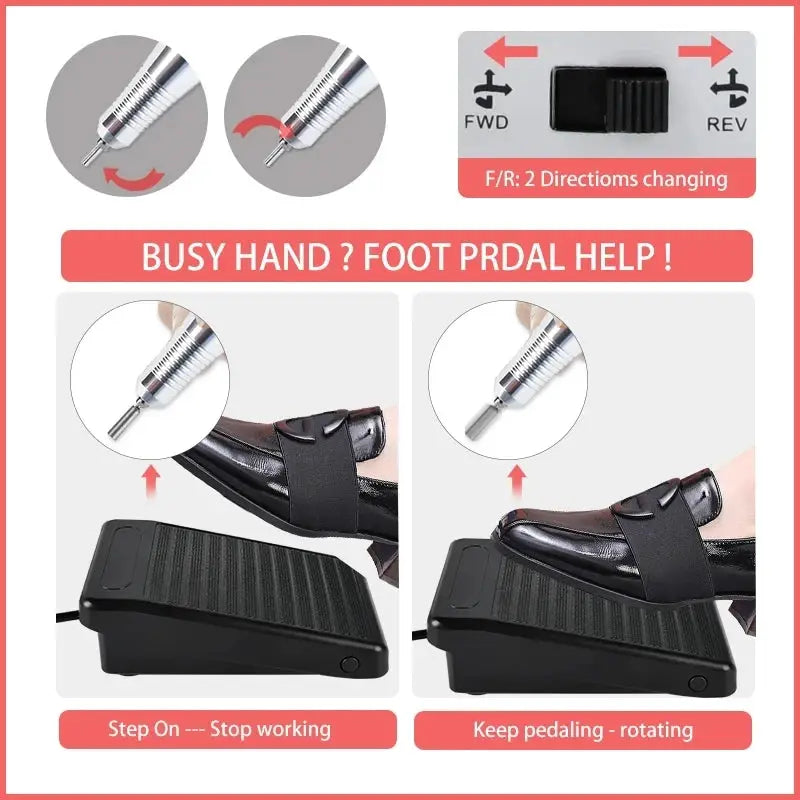 Simples Market nail drill foot pedal kit in black with rotating bit and forward/reverse switch