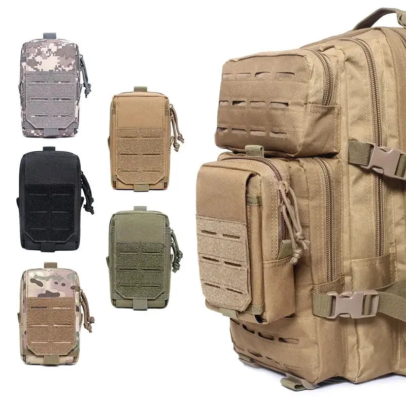 MOLLE tactical pouch set with tan waist pack; includes black, olive, and camouflage pouches for outdoor EDC gear