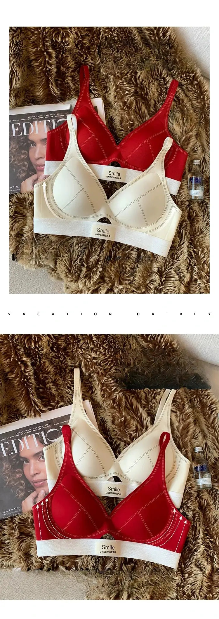 Two women's seamless bras in red and beige from Smile Underwear displayed on a faux fur rug