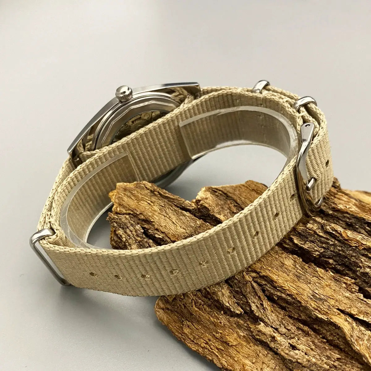 Men's mechanical watch Shanghai 8120 with beige fabric strap and stainless steel case.