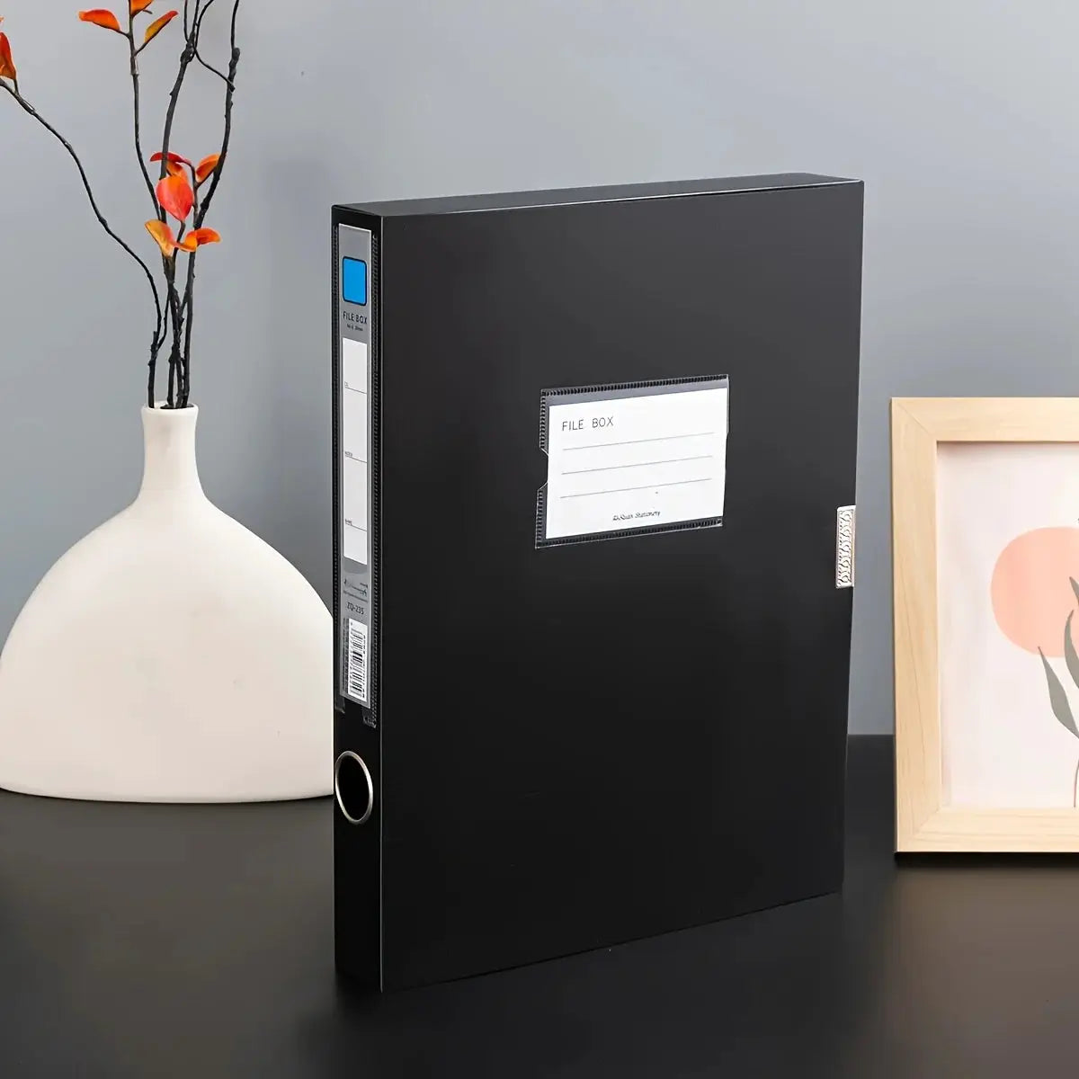 Black foldable A4 file box with front label pocket, large capacity PP document storage for office or school