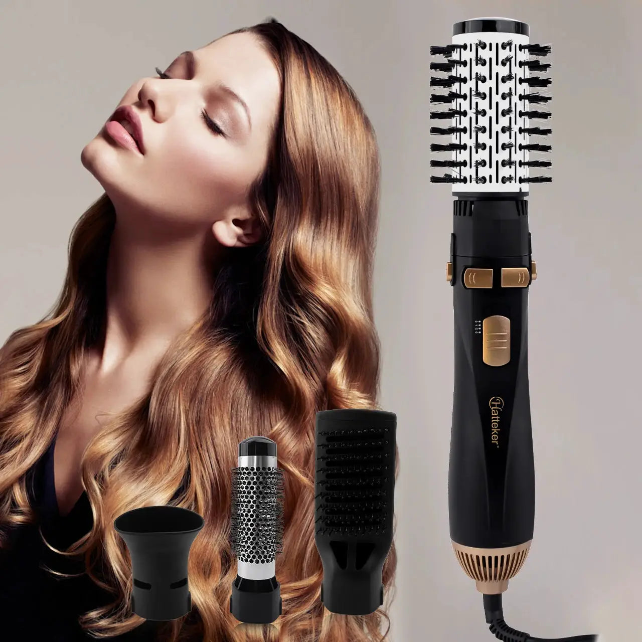 Hatteker EU 4-Head hot air brush for women with black-gold handle and multiple attachments