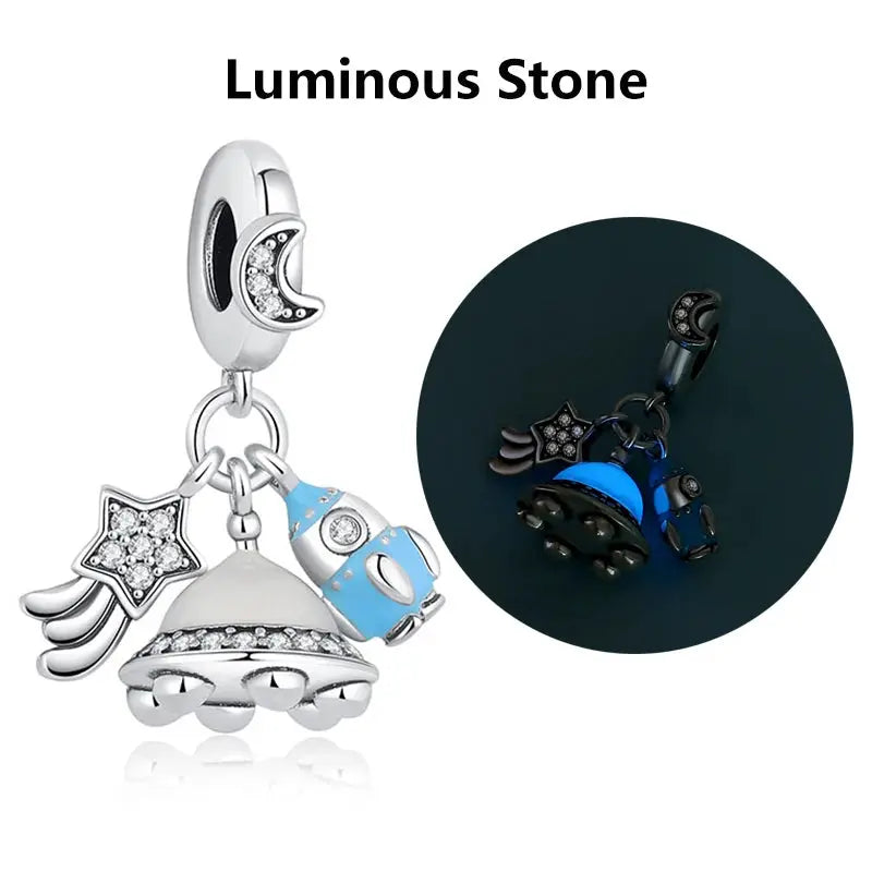 Set of 4 925 sterling silver charms for bracelets: moon, star, spaceman and spaceship with zircon stones