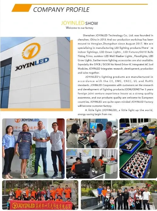 JoyinLED company profile collage with logo, storefront, and team photos.