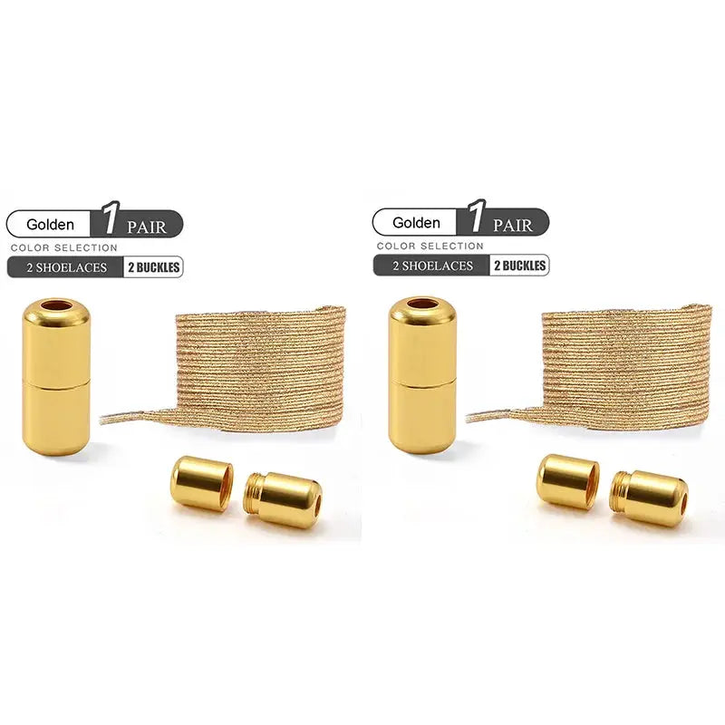 Simples Market no-tie shoelace kit with gold elastic laces and buckles; 2 sets shown
