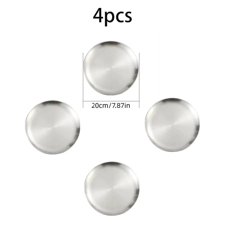 4 Piece Stainless Steel Plates Korean Style Grilled Meat Circular Trays Household Dinnerware Set